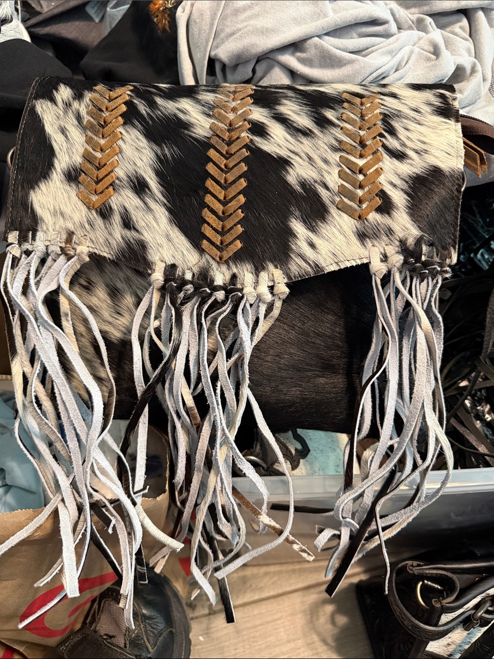 Black and white with brown cowhide genuine leather design and fringe bag